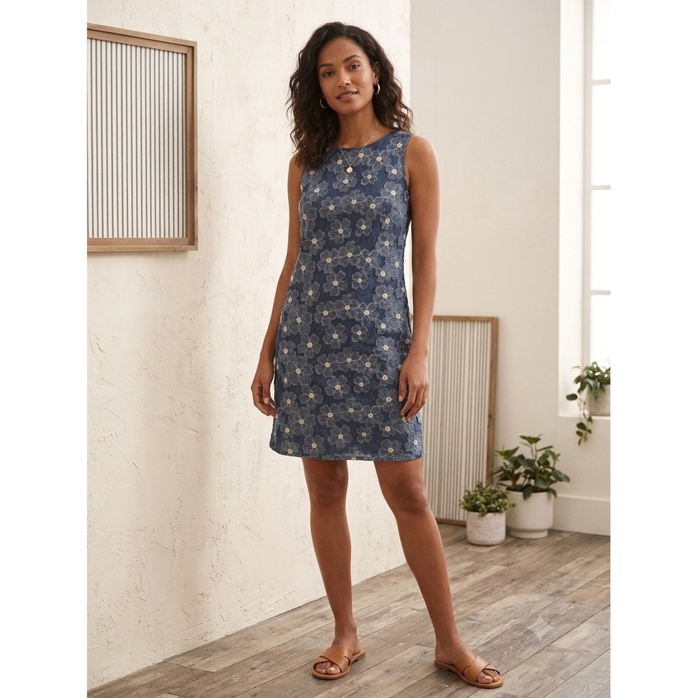 Taylor & Sage Blue Floral Embroidered Denim Shift Dress Womens Medium - Picture 1 of 8